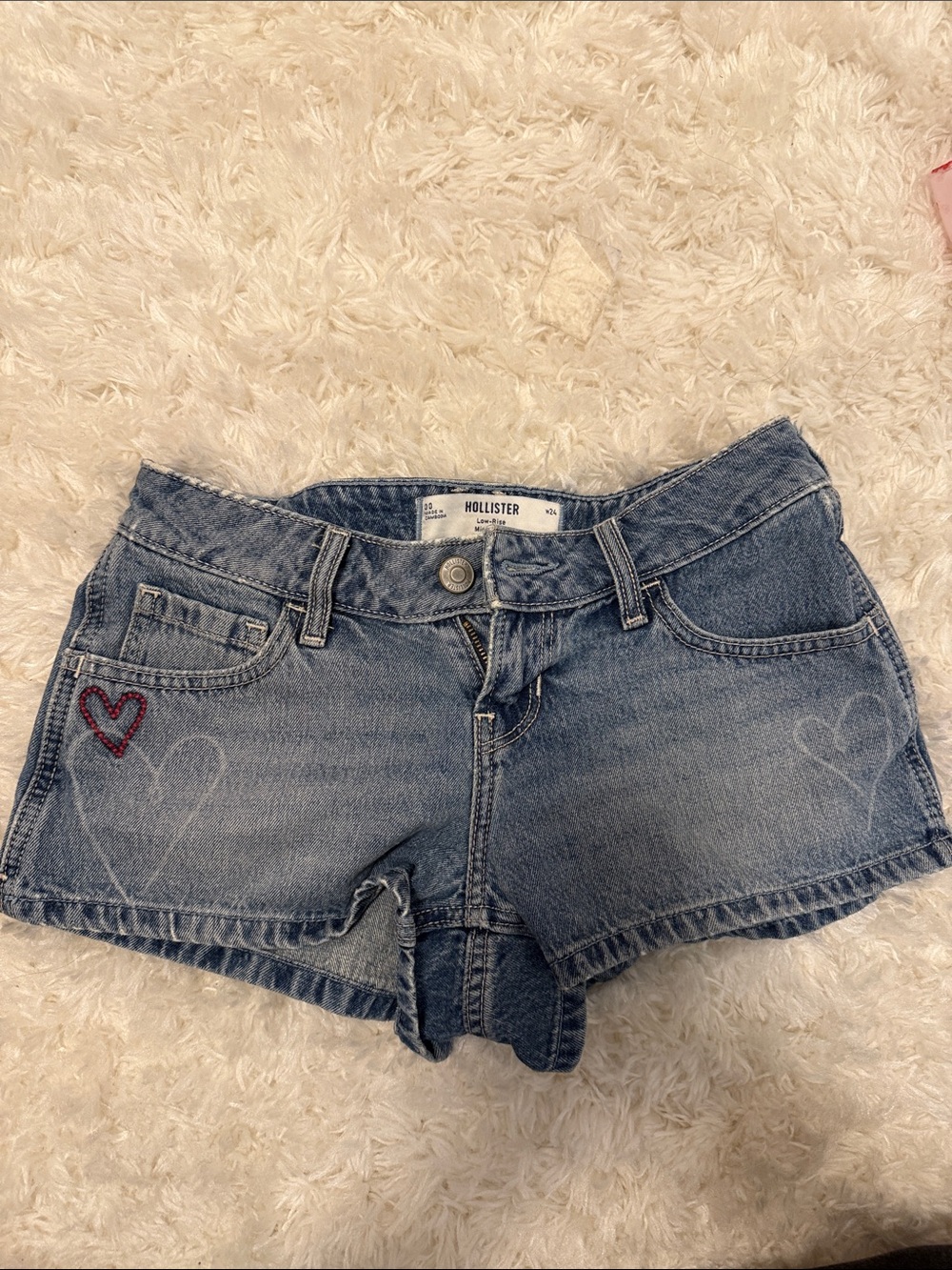 Hollister Women's Denim Shorts with Heart Embroidery - Light Blue